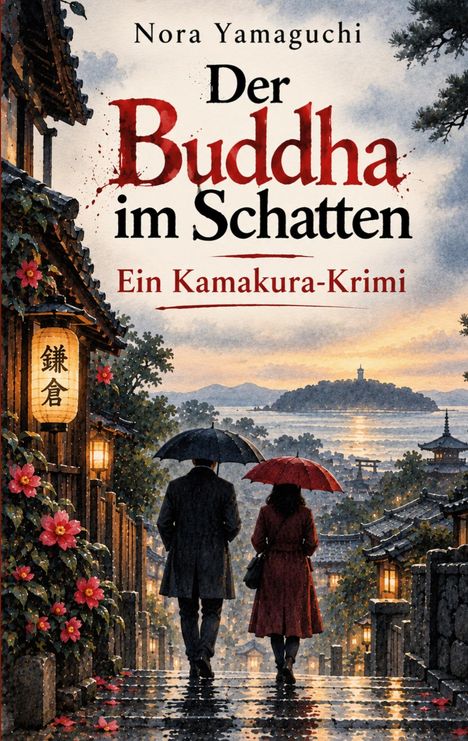 „Der Buddha im Schatten: Ein Kamakura-Krimi“ von Nora Yamaguchi. Illustration von zwei Personen mit Regenschirmen in einer traditionellen Straße.