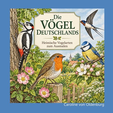 "Die Vögel Deutschlands. Heimische Vogelarten zum Ausmalen." Drei detaillierte Vögel mit Blüten und Landschaft im Hintergrund.