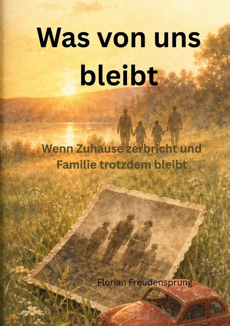 "Was von uns bleibt. Wenn Zuhause zerbricht und Familie trotzdem bleibt. Florian Freudensprung. Illustration: Familie bei Sonnenuntergang."