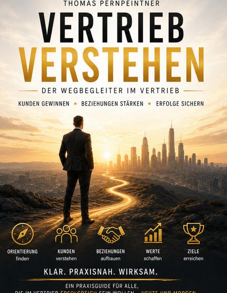 "Vertrieb verstehen", "Kunden gewinnen", "Beziehungen stärken". Ein Anzugträger blickt einer leuchtenden Stadt entgegen.