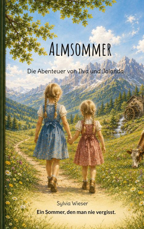 „ALMSOMMER: Die Abenteuer von Ilva und Jolanda“. Zwei Mädchen in Trachten gehen Hand in Hand auf einem Blumenpfad.