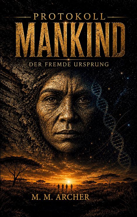 „Protokoll Mankind: Der fremde Ursprung, M. M. Archer“. Ein Gesicht im Weltraum mit DNA-Strang, darunter Savanne bei Sonnenuntergang.