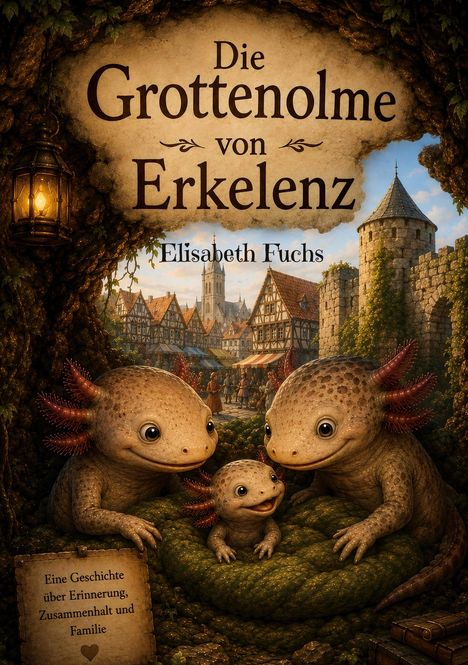 Es steht: "Die Grottenolme von Erkelenz" oben, "Elisabeth Fuchs" darunter. Unten: "Eine Geschichte über Erinnerung, Zusammenhalt und Familie". Drei freundliche Grottenolme vor einer mittelalterlichen Stadt.