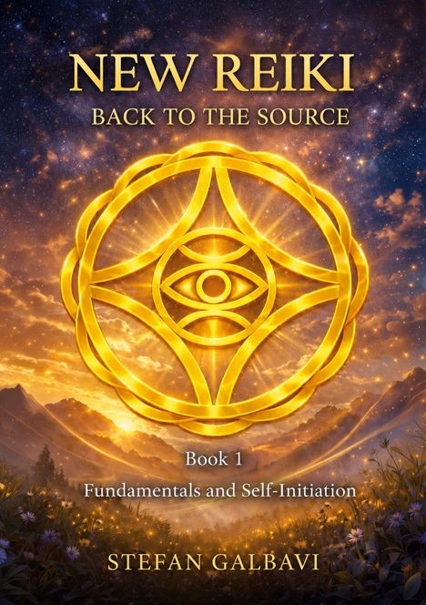 "NEW REIKI BACK TO THE SOURCE", "Book 1 Fundamentals and Self-Initiation", "STEFAN GALBAVI". Goldenes Symbol vor Sternenhimmel.