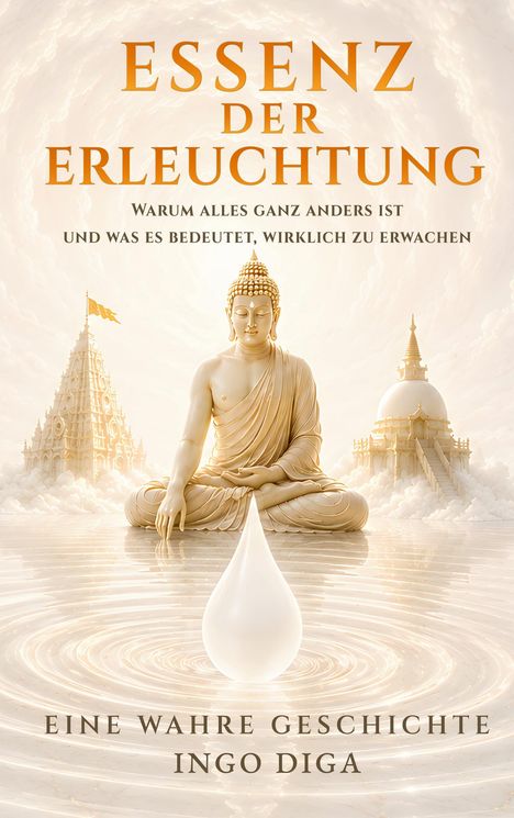 „ESSENZ DER ERLEUCHTUNG“. Buddha-Statue im Lotussitz, zwischen Tempeln und Wolken, davor eine Wasseroberfläche mit Tropfen.