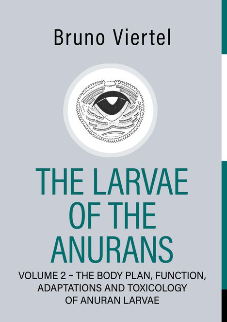 Text: "Bruno Viertel, The Larvae of the Anurans, Volume 2 – The Body Plan, Function, Adaptations and Toxicology of Anuran Larvae." 

Ein stilisiertes Auge in einem runden Rahmen.
