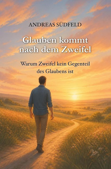 Glauben kommt nach dem Zweifel. Mann geht auf ländlichem Weg bei Sonnenuntergang.