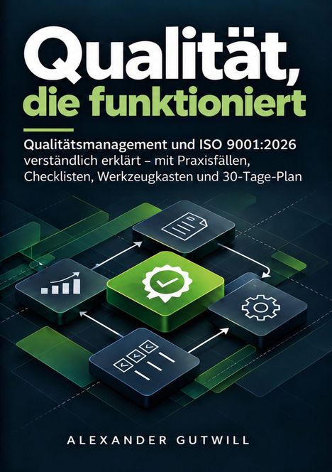 Text: "Qualität, die funktioniert. Qualitätsmanagement und ISO 9001:2026. ALEXANDER GUTWILL." Grafik zeigt Symbole und Pfeile.