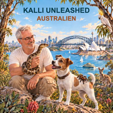 Texte: "KALLI UNLEASHED", "AUSTRALIEN". Ein Mann mit Brille hält eine Schlange, daneben ein Hund mit Tarantel, Sydney-Hintergrund.