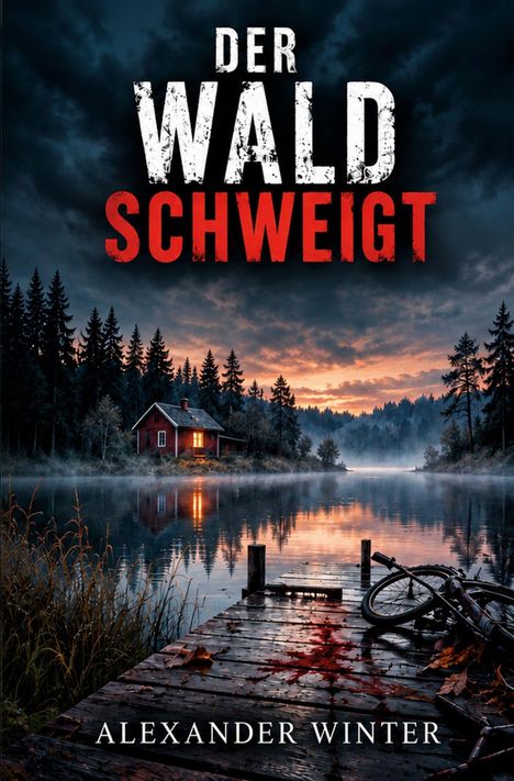 „Der Wald schweigt“ in großen Buchstaben, unten „Alexander Winter“. Eine ruhige See, rotes Haus, Fahrrad, Blut auf Steg.