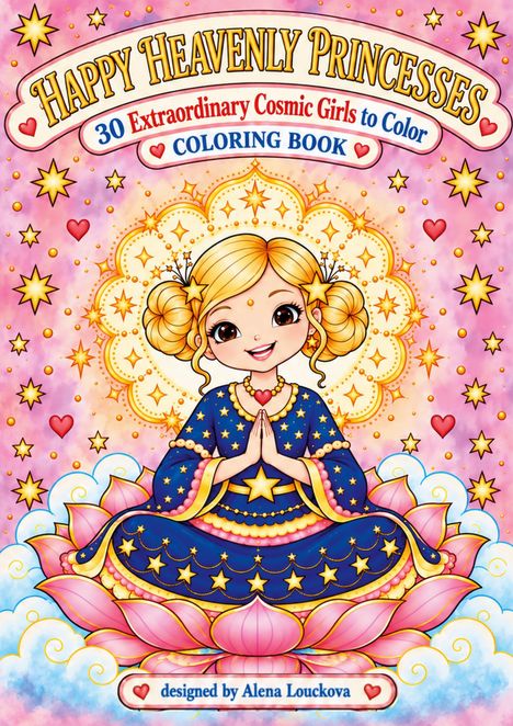 Titel: "Happy Heavenly Princesses". Junge Prinzessin in blauem Kleid, umgeben von Sternen und Herzen, sitzt auf einer Lotusblume.