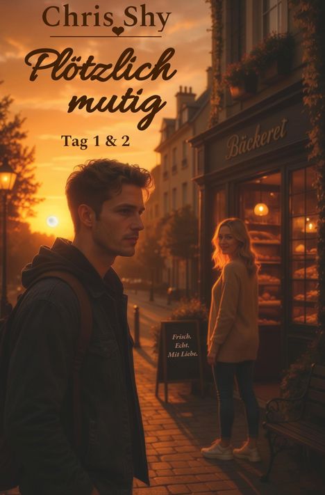 Titel: "Plötzlich mutig" von Chris Shy. Darunter: "Tag 1 & 2". Abendstimmung mit Mann und Frau vor einer Bäckerei.