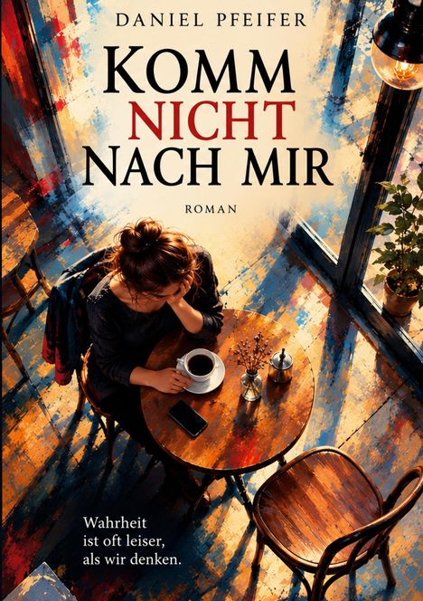 Titel: "Komm nicht nach mir". Darunter eine Frau am Tisch mit Kaffeetasse, von buntem Licht beleuchtet.