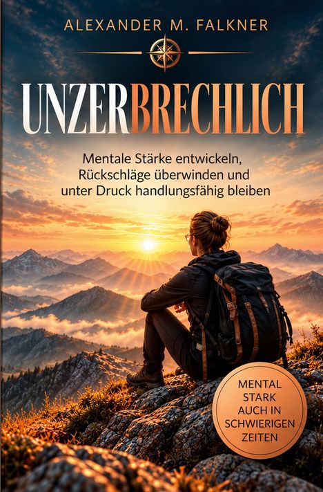 Titel: "UNZERBRECHLICH". Text: Mentale Stärke entwickeln, Rückschläge überwinden und handlungsfähig bleiben. Frau in den Bergen.