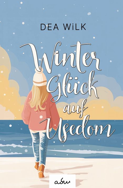 "DEA WiLK. Winter Glück auf Usedom. Eine Illustration zeigt eine Person in Winterkleidung am Strand, Hintergrund: Himmel."