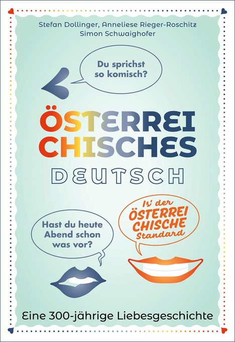Text: "Du sprichst so komisch? ÖSTERREICHISCHES DEUTSCH Hast du heute Abend schon was vor? Is’ der ÖSTERREICHISCHE Standard"

Design: Bunte Typografie, zwei Sprechblasen mit Lippenillustrationen.