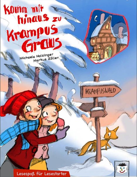 Zwei Kinder gehen fröhlich im Schnee, ein Schild mit "Krampuswald", ein Fuchs und ein Holzhaus in den Bergen.