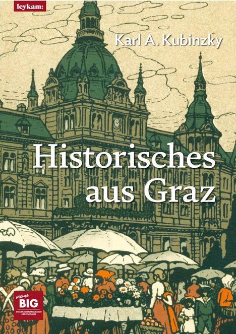 „Historisches aus Graz“ von Karl A. Kubinzky. Illustration eines historischen Gebäudes und eines Marktes mit Blumenständen.