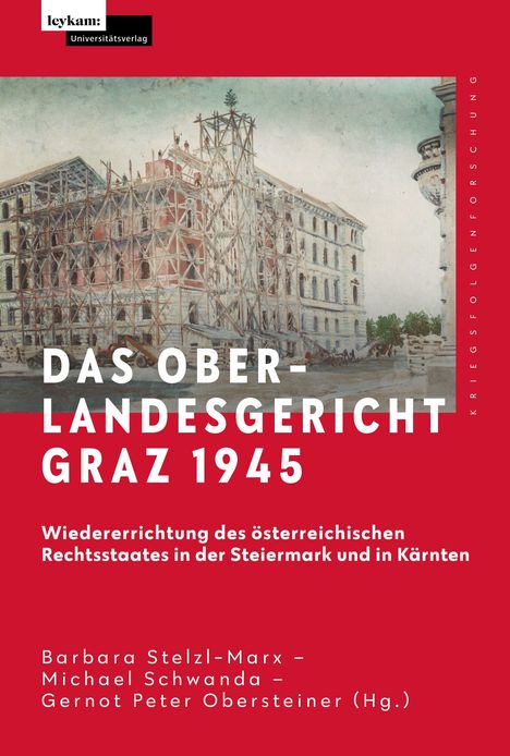 Logo: leykam: Universitätsverlag. Illustration eines Gerichtsgebäudes mit Baugerüst. Roter Hintergrund.