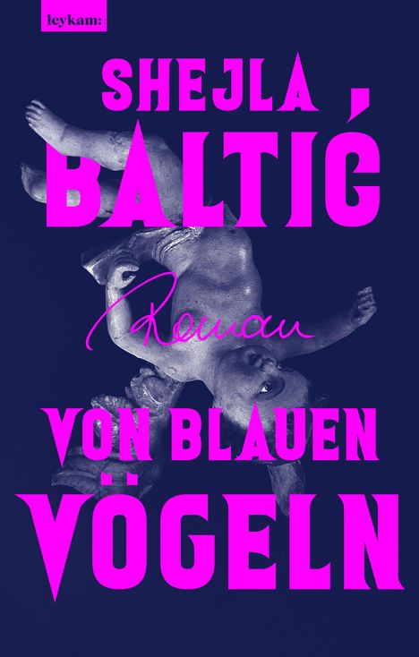 Texte: "leykam:", "SHEJLA BALTIĆ", "Roman", "VON BLAUEN VÖGELN". Eine rosa Statue eines Kindes auf dunklem Hintergrund.