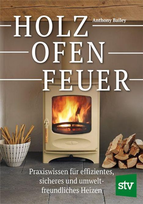 "Holz, Ofen, Feuer" in großen Buchstaben. Ein brennender Ofen, umgeben von Holzscheiten. Text: Praxiswissen für effizientes Heizen.