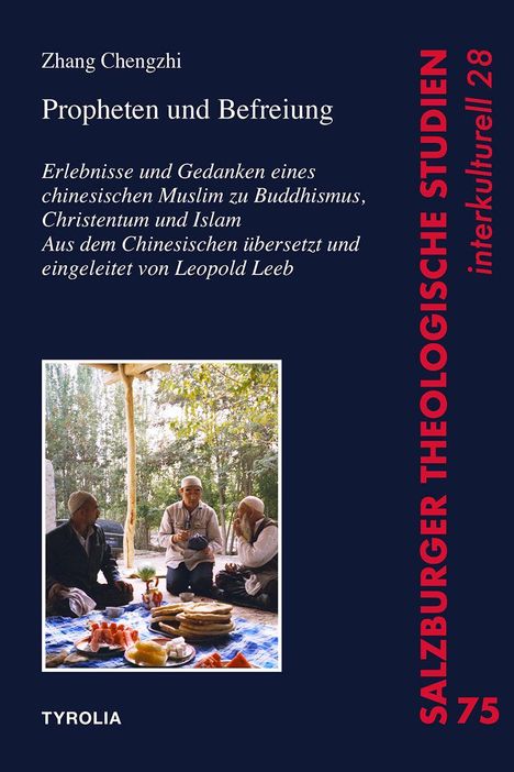 "Propheten und Befreiung" oben. Unten Männer bei Speisen in Outdoor-Szenerie, blaue Decke, Bäume im Hintergrund.