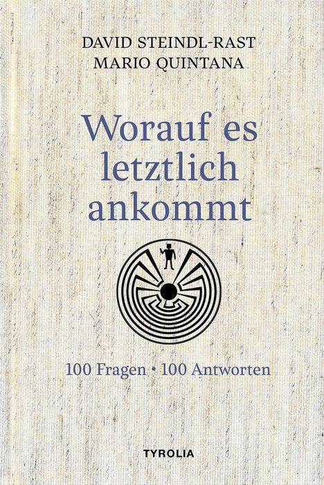 Text: "Worauf es letztlich ankommt", "100 Fragen • 100 Antworten". Illustration: Kreisförmiges Labyrinth mit Figur.