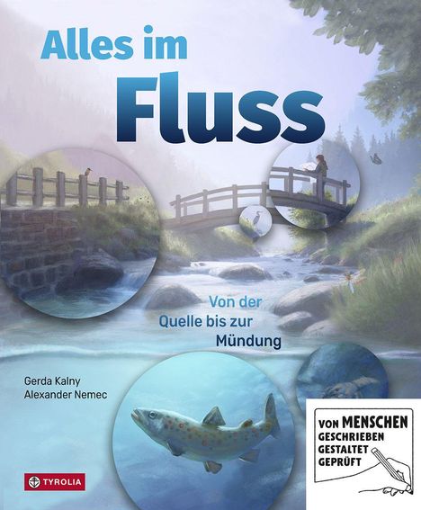 Text: "Alles im Fluss", "Von der Quelle bis zur Mündung", "Gerda Kalny, Alexander Nemec". Illustration: Flusslandschaft mit Brücke.