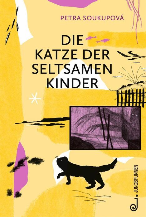 Text: "PETRA SOUKUPOVÁ", "DIE KATZE DER SELTSAMEN KINDER", "JUNGBRUNNEN". Illustration zeigt eine schwarze Katze.