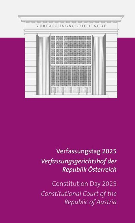 Verfassungstag 2025, Verfassungsgerichtshof der Republik Österreich, Constitution Day 2025, Constitutional Court. Oben ein stilisiertes Gebäude mit Säulen.