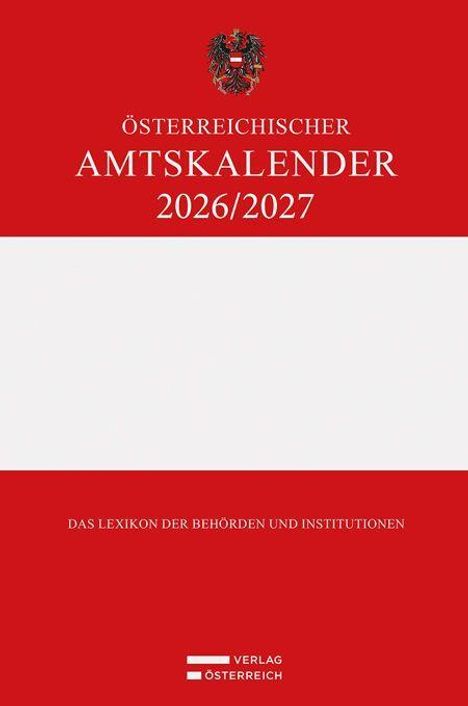 „Österreichischer Amtskalender 2026/2027“, roter Hintergrund, Staatswappen und Verlagsname unten.