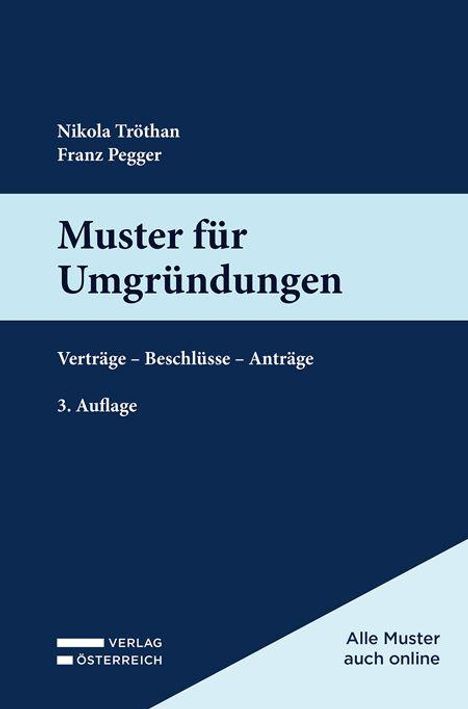 Titel: "Muster für Umgründungen". Autoren: Nikola Tröthan, Franz Pegger. Enthält dunkle und hellblaue Abschnitte.