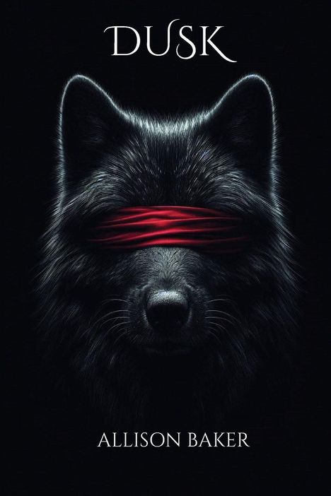 Texte: "DUSK", "ALLISON BAKER". Illustration eines schwarzen Wolfes mit roter Augenbinde vor schwarzem Hintergrund.