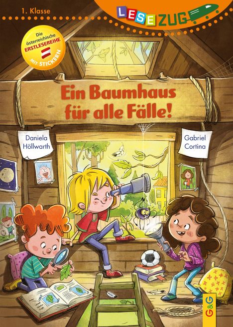 Text: "Ein Baumhaus für alle Fälle!" Drei Kinder spielen in einem gemütlichen Baumhaus, umgeben von Büchern und Spielzeug.