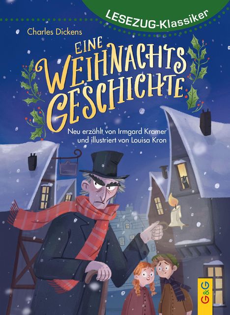 "LESEZUG-Klassiker: EINE WEIHNACHTSGESCHICHTE von Charles Dickens. Illustration eines Mannes im Schneefall mit Kindern."
