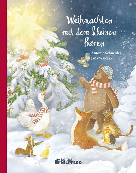 "Weihnachten mit dem kleinen Bären", Illustration mit Schneelandschaft, Tieren in Schals, Schneeflocken und einem hellen Stern.