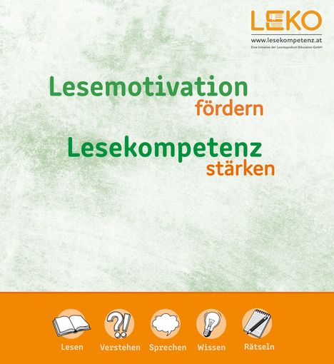 "Lesemotivation fördern, Lesekompetenz stärken." Oben rechts ein Logo, unten Symbole mit den Wörtern Lesen, Verstehen usw.