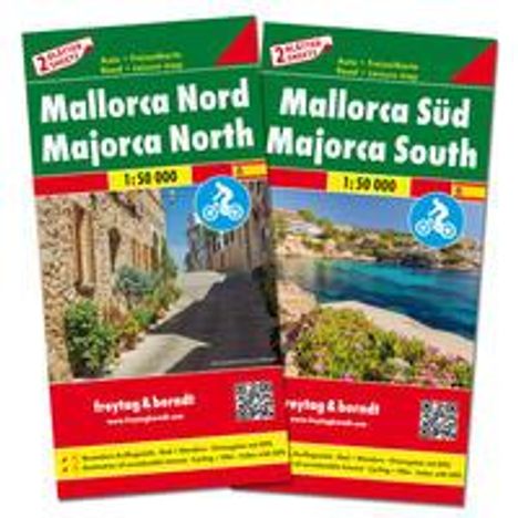 Zwei Karten mit der Aufschrift: "Mallorca Nord" und "Mallorca Süd". Jeweils Fotos von Landschaften.