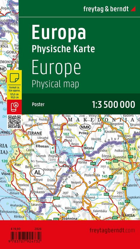 "Europa Physische Karte. Format ca. 125,0 cm x 90,0 cm. Maßstab 1:3 500 000." Eine geografische Karte von Europa.