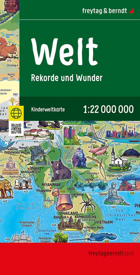 "Welt Rekorde und Wunder, Kinderweltkarte 1:22 000 000." Illustration mit Karte, Tieren und Sehenswürdigkeiten.