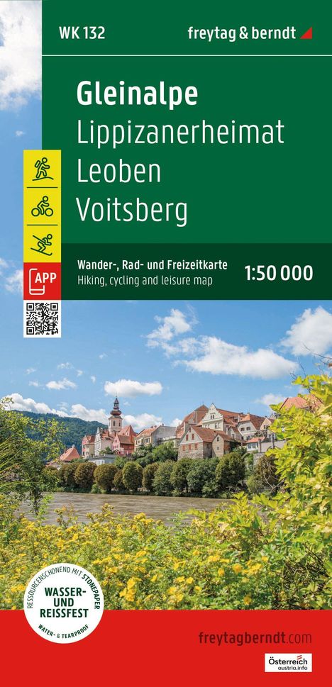 Titel: Gleinalpe, Lipizzanerheimat, Leoben, Voitsberg. Wander-, Rad-, Freizeitkarte 1:50 000. Logo und buntes Ortsbild.