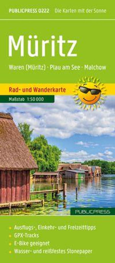 Müritz: Rad- und Wanderkarte, Maßstab 1:50.000. Grünes Design, Sonne mit Sonnenbrille, See und Hütten im Hintergrund.