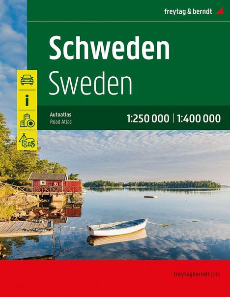 Text: Schweden, Sweden, Autoatlas, Road Atlas, 1:250 000 | 1:400 000. Bild einer idyllischen Seelandschaft mit Boot.