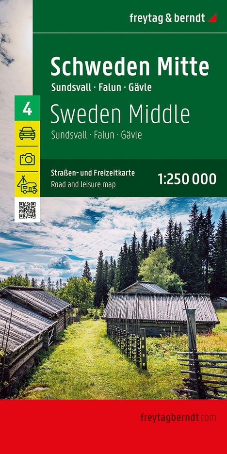 Schweden Mitte, Sundsvall, Falun, Gävle, Straßen- und Freizeitkarte. Holzhütten und Waldlandschaft unter blauem Himmel.