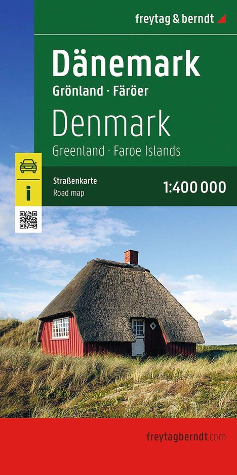 "Dänemark. Grönland · Färöer. 1:400 000 Straßenkarte. Freytag & Berndt." Gebäude mit Strohdach auf grüner Wiese.