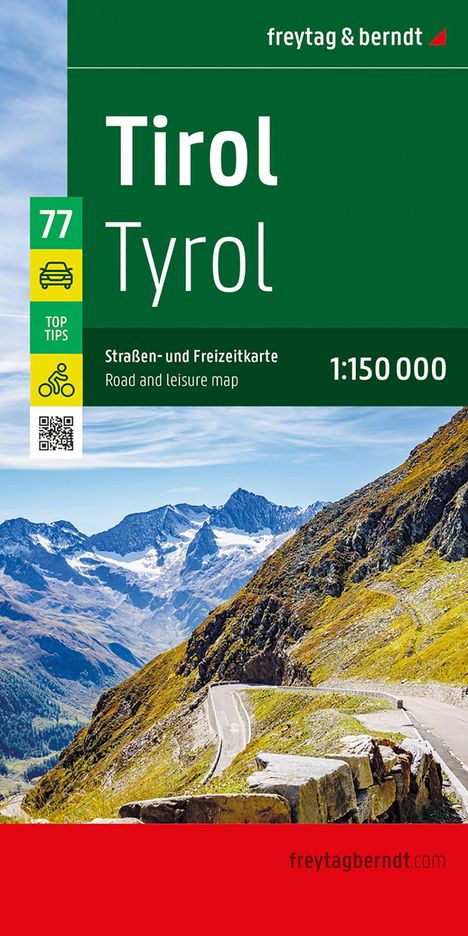 "Tirol Tyrol", "Straßen- und Freizeitkarte", "1:150 000". Eine kurvige Bergstraße mit schneebedecktem Berg im Hintergrund.