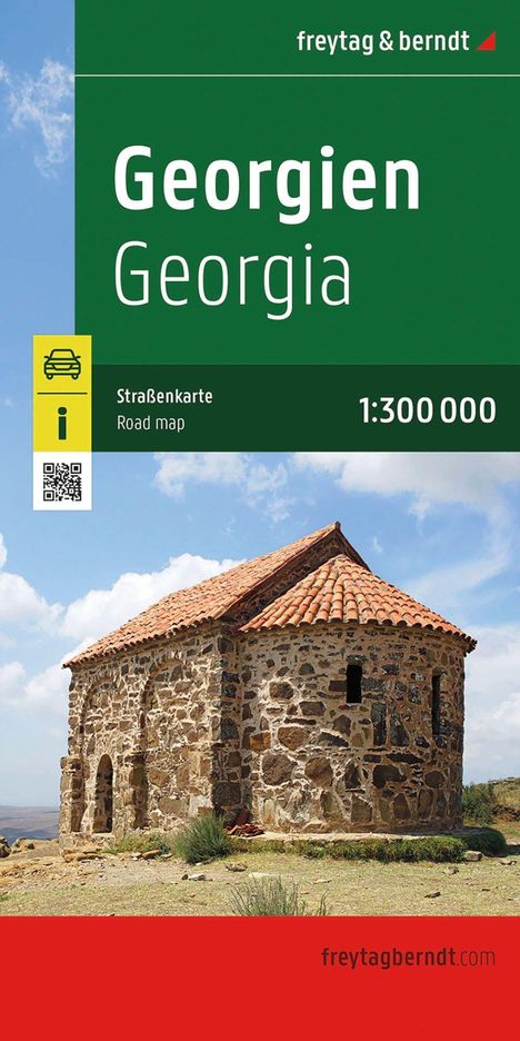 "Georgien Georgia", "Straßenkarte Road map", "1:300 000". Ein kleines, altes Steingebäude mit rotem Ziegeldach im Freien.
