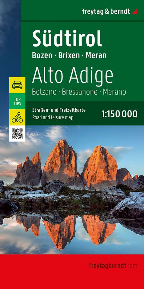"Südtirol, Bozen, Brixen, Meran, Auto- und Radkarte, 1:150 000." Im Hintergrund die Dolomiten in der Abendsonne.