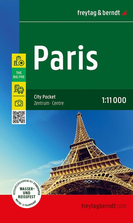 Paris, City Pocket, 1:11 000. Illustration des Eiffelturms, blauer Himmel, freytag & berndt Logo oben.