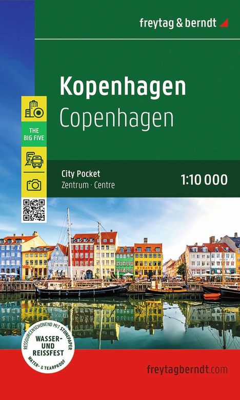 „Kopenhagen Copenhagen“, Karte von freytag & berndt, mit bunten Häusern am Wasser und diversen Symbolen.